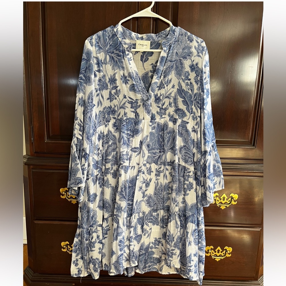 CHOKLATE PARIS —Blue Floral Tiered Women's Dress - Lightweight Cotton